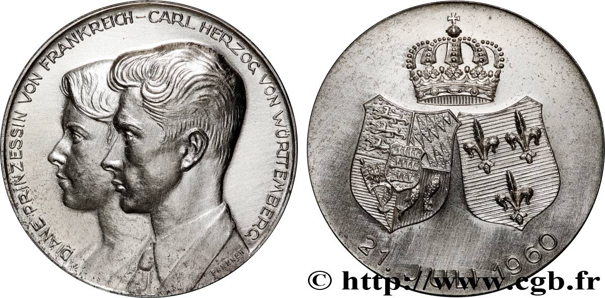 AMOUR ET MARIAGE Médaille, Mariage de Diane et Carl Herzog von Württemberg AU