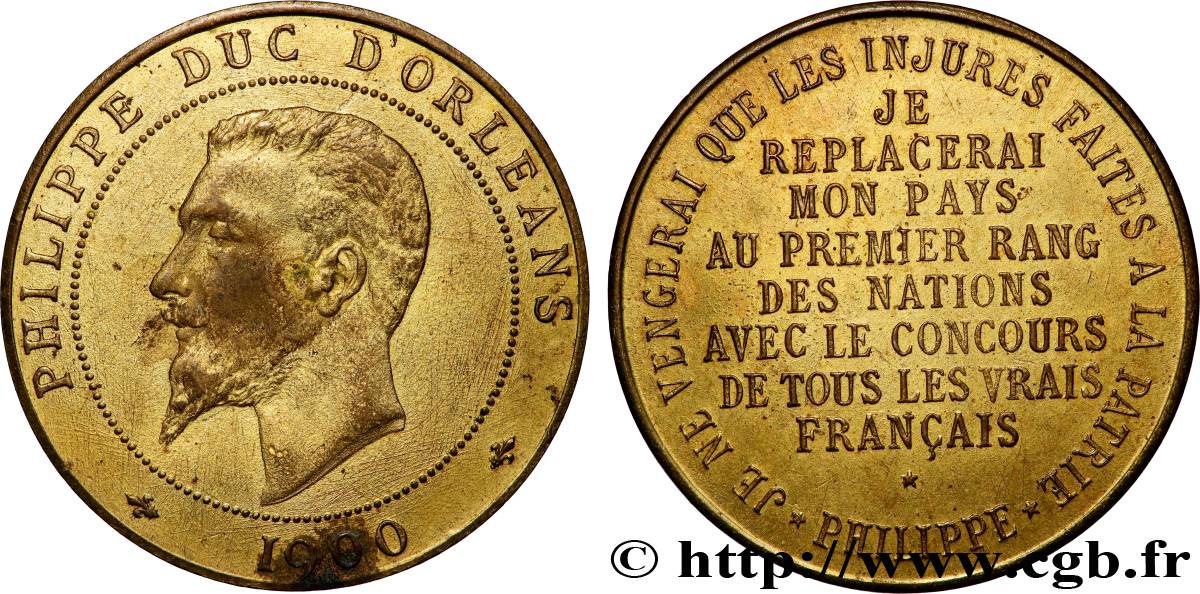 TERCERA REPUBLICA FRANCESA Médaille, Philippe d’Orléans, frappe médaille module de 10 centimes MBC/MBC+