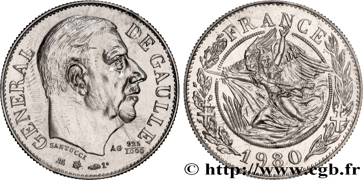 CINQUIÈME RÉPUBLIQUE Médaille, module de 20 francs, Charles de Gaulle SPL+