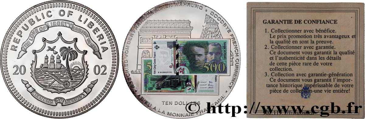 LIBERIA - REPUBLIC OF LIBERIA Médaille, 10 Dollars Adieu à la monnaie française MS