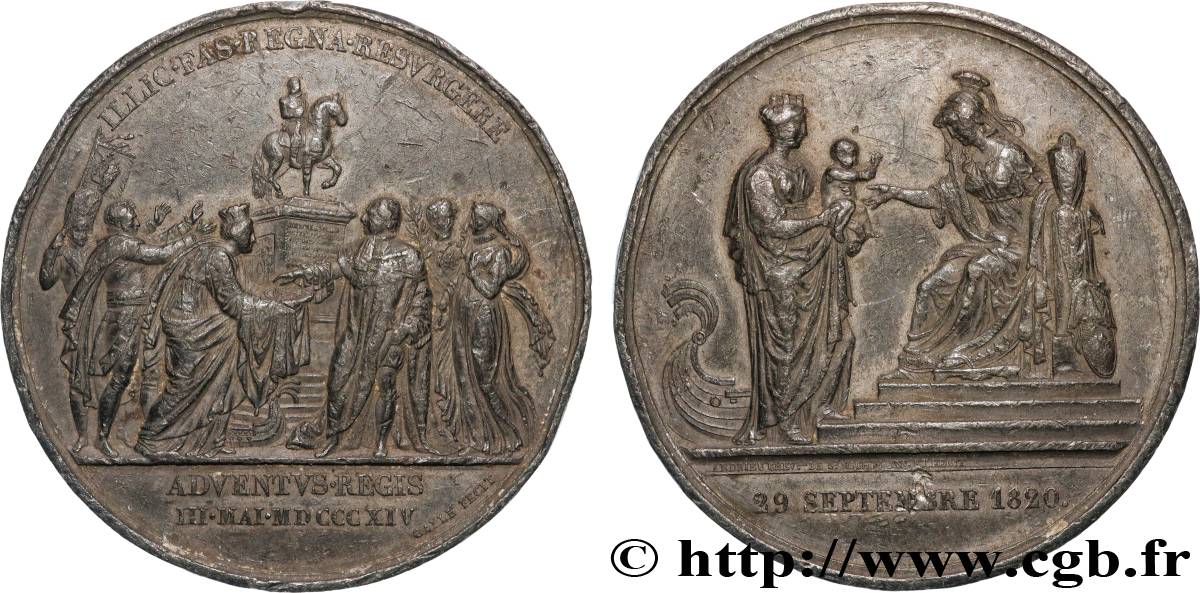 LOUIS XVIII Médaille, Entrée de Louis XVIII à Paris et Naissance de Henri, duc de Bordeaux, futur comte de Chambord TB+