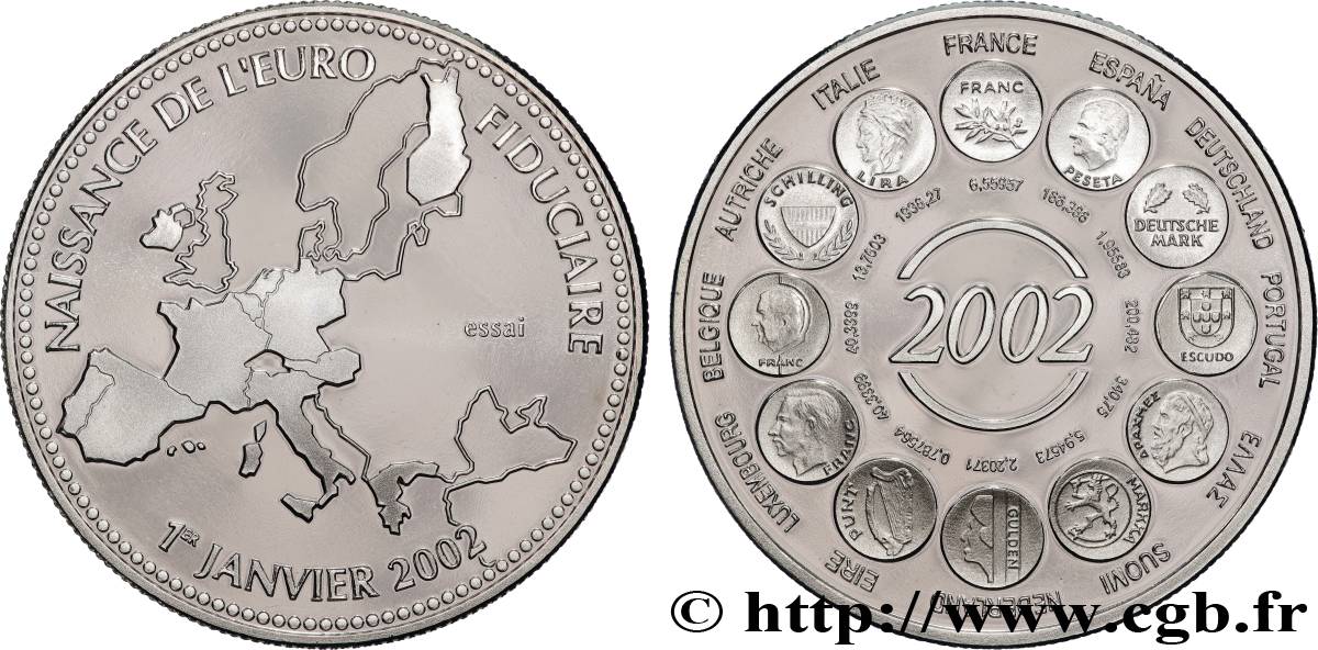 CINQUIÈME RÉPUBLIQUE Médaille, Essai, Naissance de l’Euro fiduciaire SPL