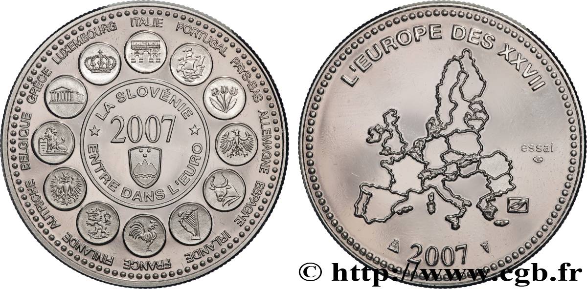 CINQUIÈME RÉPUBLIQUE Médaille, Essai, Entrée de la Slovénie dans l’Euro SUP