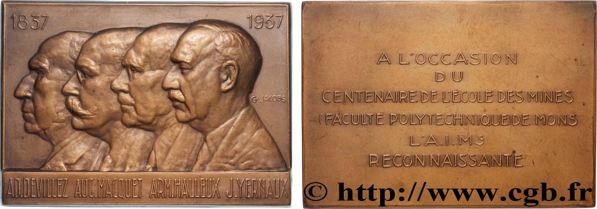 BELGIQUE - ROYAUME DE BELGIQUE - RÈGNE DE LÉOPOLD III Plaquette, Centenaire de l’école des Mines, Faculté polytechnique TTB+