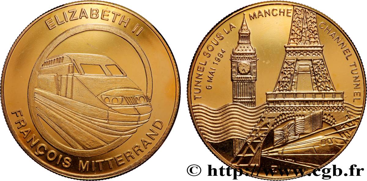 V REPUBLIC Médaille, Tunnel sous la Manche, Elisabeth II et François Mitterrand AU