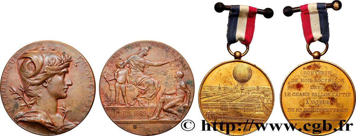 TROISIÈME RÉPUBLIQUE Lot de 2 médailles, Ballon captif et Exposition Universelle TTB