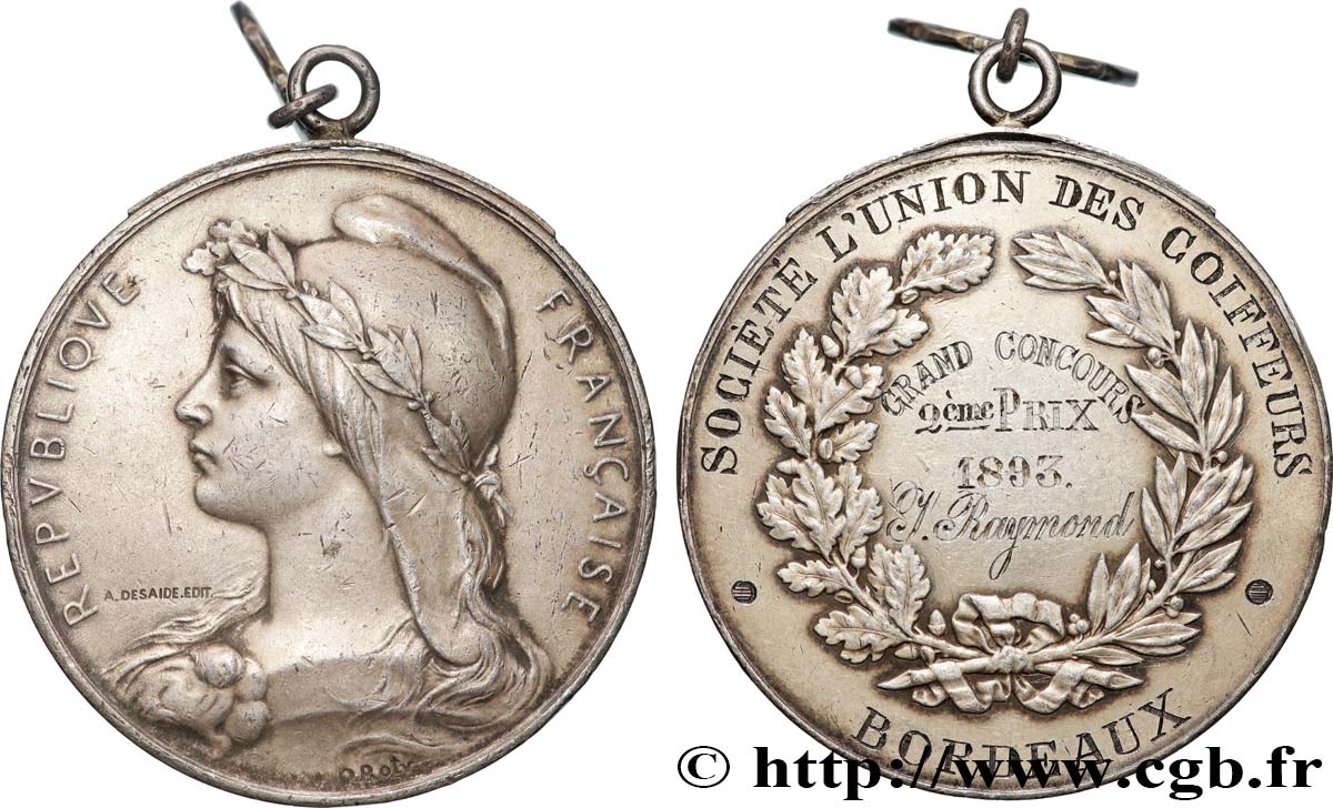 TROISIÈME RÉPUBLIQUE Médaille, Union des coiffeurs, Grand concours TTB