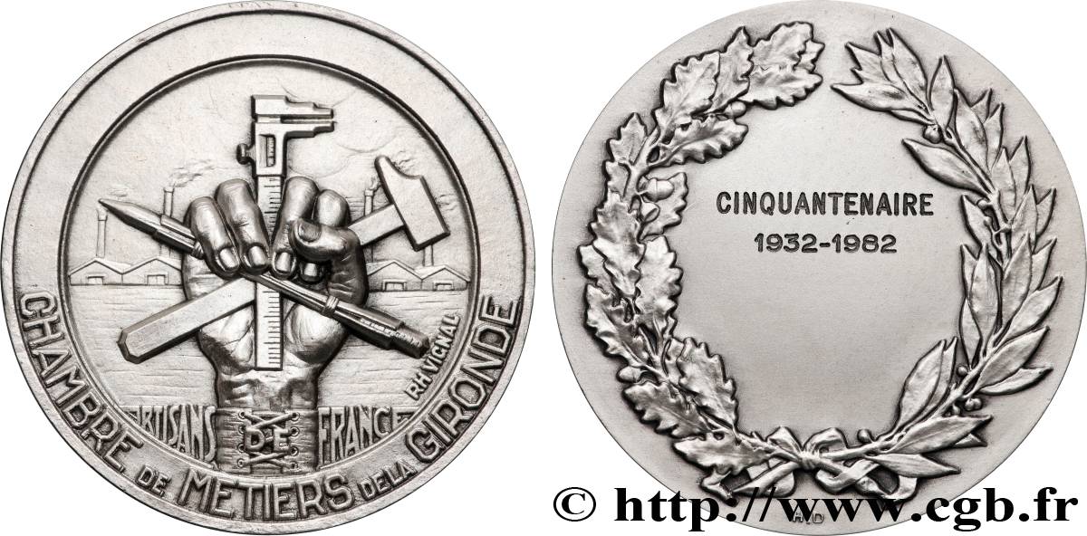 CINQUIÈME RÉPUBLIQUE Médaille, Cinquantenaire de la chambre de métiers de la Gironde SUP