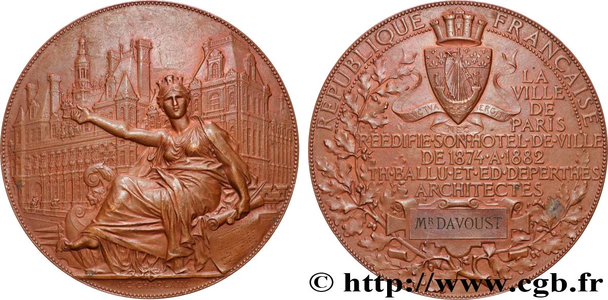 TERZA REPUBBLICA FRANCESE Médaille, Réédification de l’hôtel de ville q.SPL