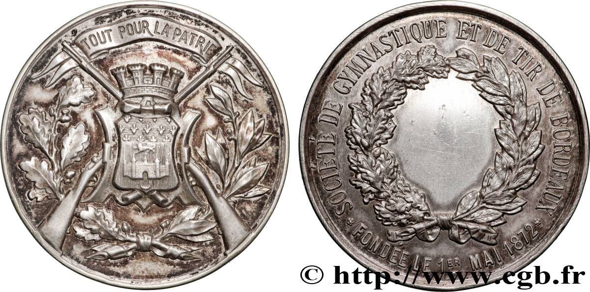 TROISIÈME RÉPUBLIQUE Médaille, Société de gymnastique et tir de Bordeaux TTB/TTB+