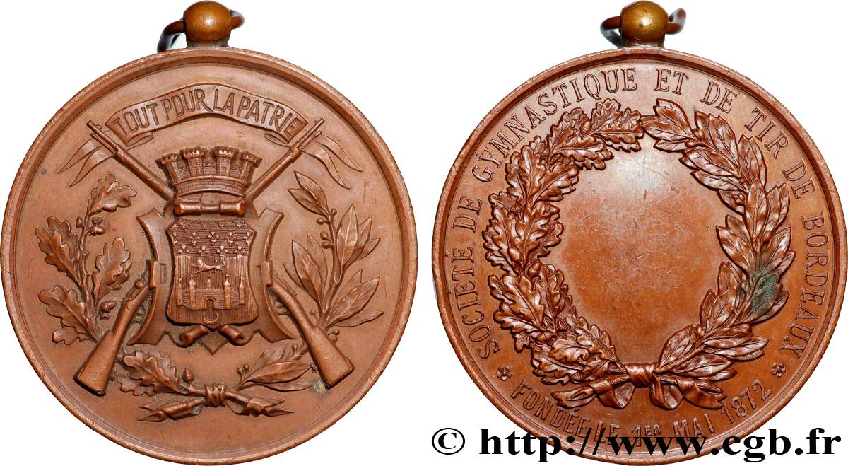 TROISIÈME RÉPUBLIQUE Médaille, Société de gymnastique et tir de Bordeaux TTB+