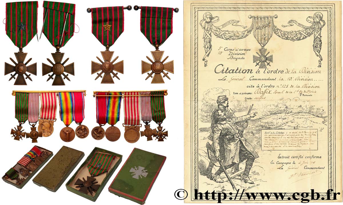 TROISIÈME RÉPUBLIQUE Souvenirs militaires, Croix de guerre, Barrette de miniatures, Diplôme de citation à l’ordre de la division TTB
