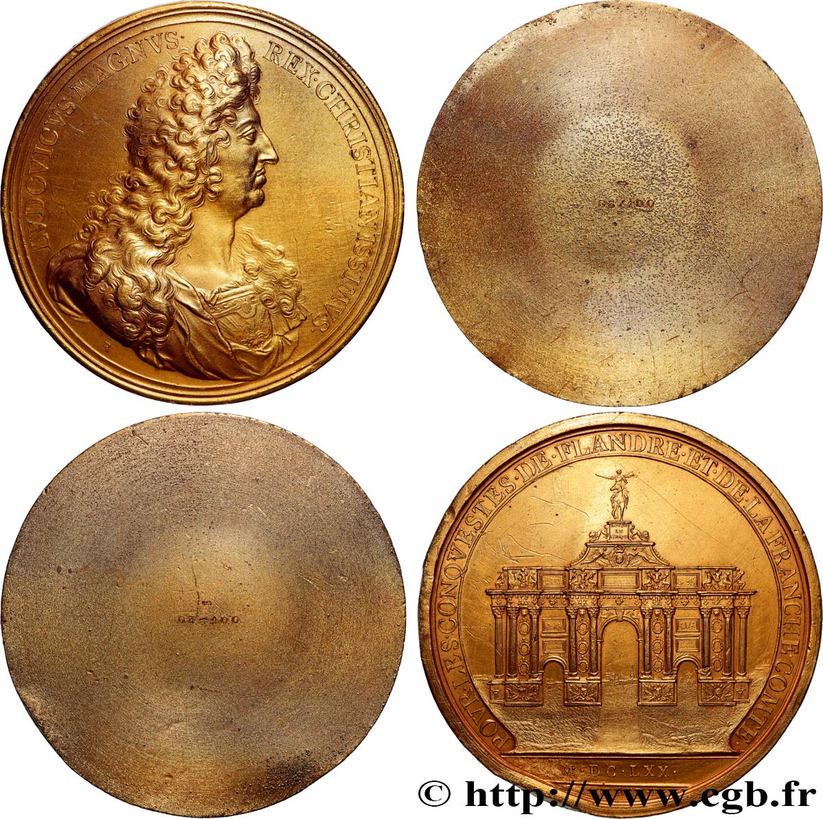LOUIS XIV LE GRAND OU LE ROI SOLEIL Médaille, Conquête de la Flandre et de la Franche-Comté, refrappe, lot de 2 tirages unifaces n°53 TTB+/TTB