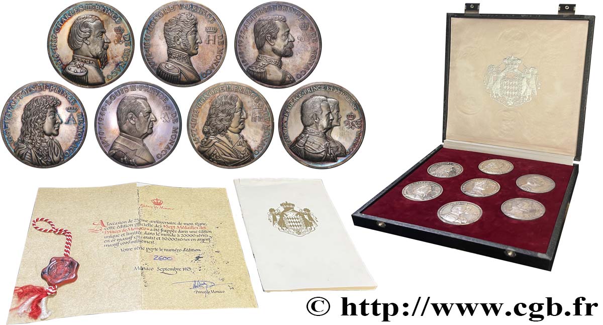 MONACO Coffret de sept médailles, Les Princes de Monaco SPL