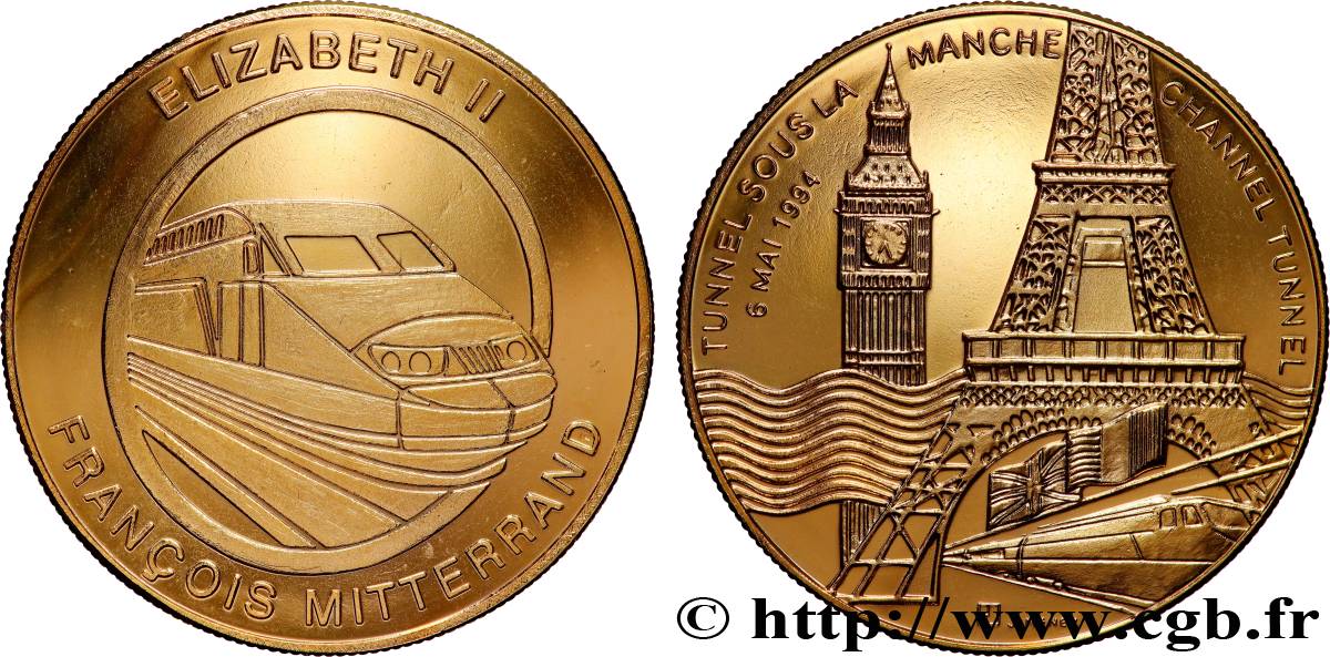 V REPUBLIC Médaille, Tunnel sous la Manche, Elisabeth II et François Mitterrand AU