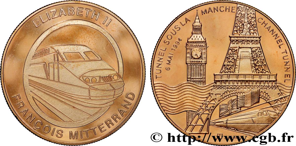 QUINTA REPUBBLICA FRANCESE Médaille, Tunnel sous la Manche, Elisabeth II et François Mitterrand SPL
