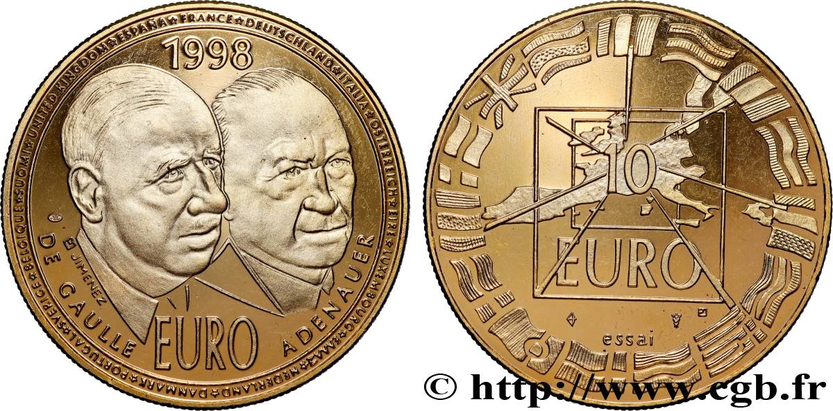 V REPUBLIC Médaille, “Essai” 10 Euro De Gaulle / Adenauer AU