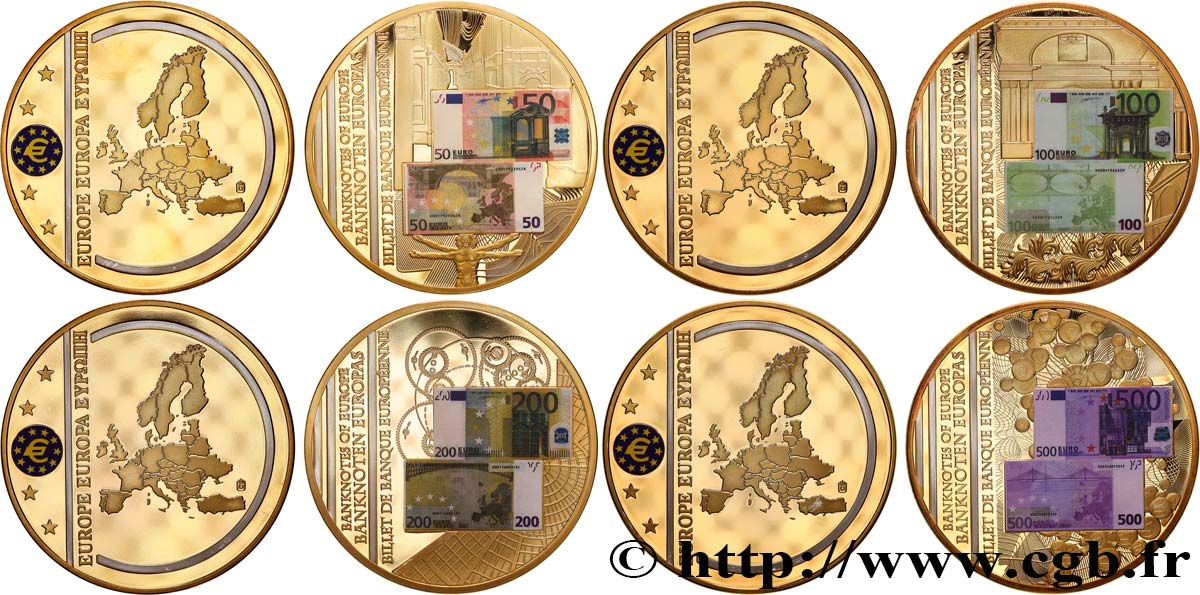 EUROPA Lot de 4 médailles, Billet de banque européenne Proof set