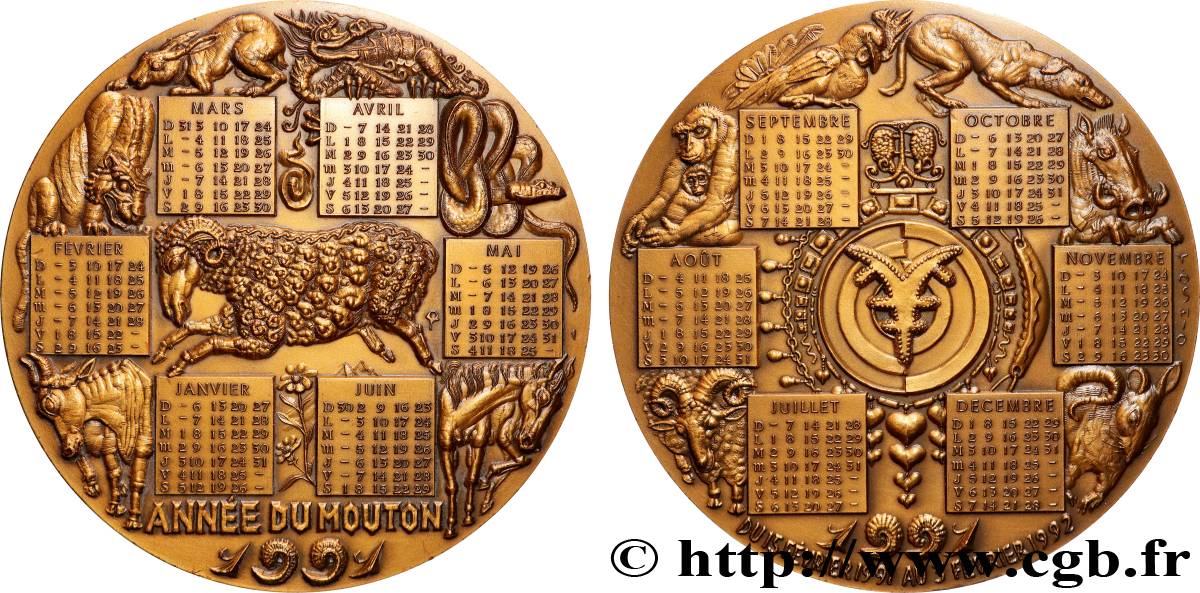 CINQUIÈME RÉPUBLIQUE Médaille calendrier, Année du Mouton SUP