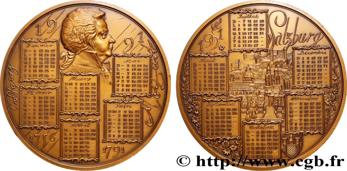 CINQUIÈME RÉPUBLIQUE Médaille calendrier - Salzburg et Mozart SUP