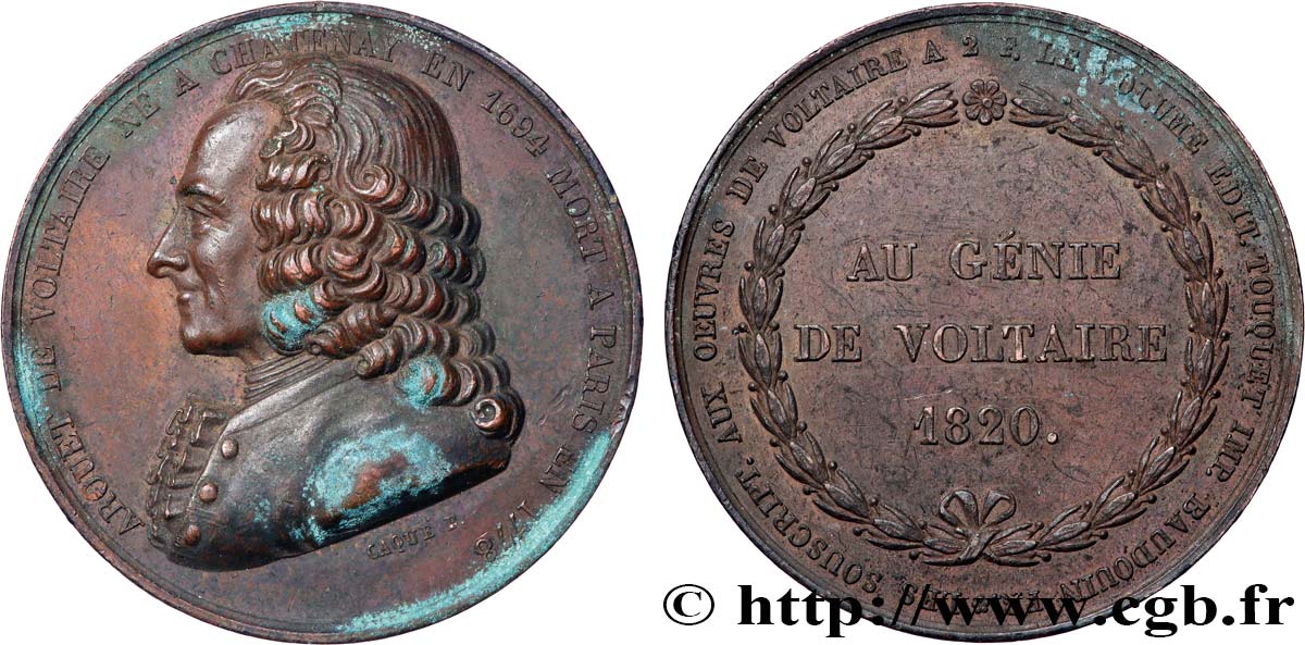 LOUIS XVIII Médaille, François-Marie Arouet dit Voltaire, Au génie de Voltaire XF