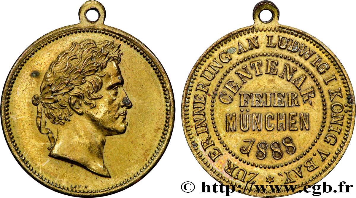 GERMANY - KINGDOM OF BAVARIA - OTTO Médaille, A la mémoire du roi Louis Ier, Célébration du centenaire de Munich XF