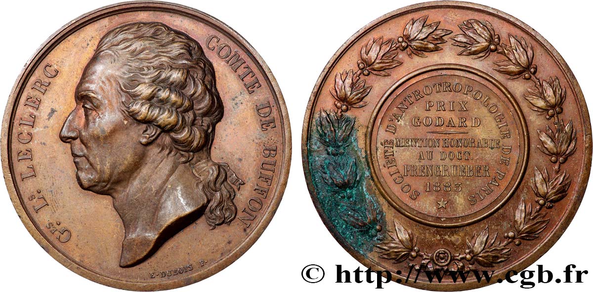 TROISIÈME RÉPUBLIQUE Médaille, Georges-Louis Leclerc de Buffon, Société d’anthropologie TTB+/TTB