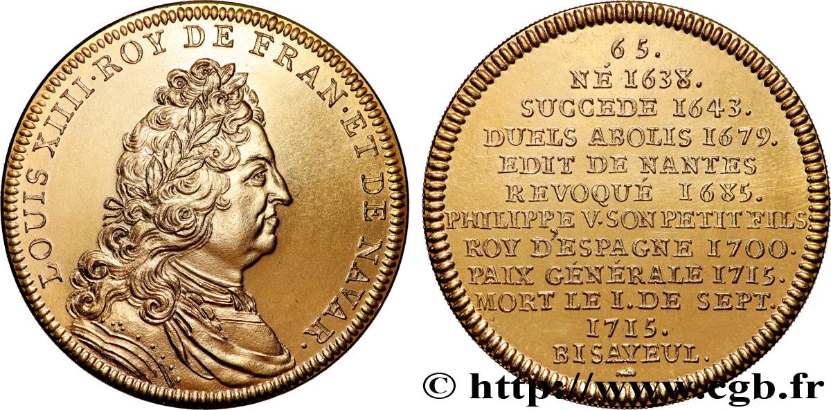 METALLIC SERIES OF THE KINGS OF FRANCE  Médaille, Louis XIV - 65 - refrappe ultra-moderne AU