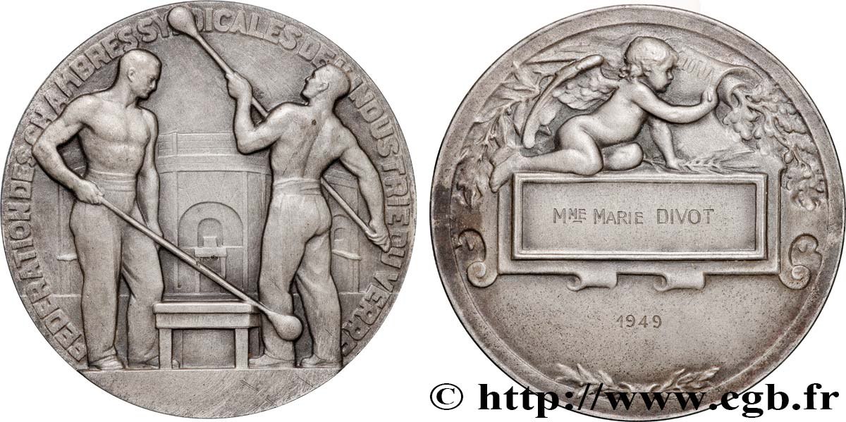 QUATRIÈME RÉPUBLIQUE Médaille, Fédération des chambres syndicales de l’industrie du verre  TTB+