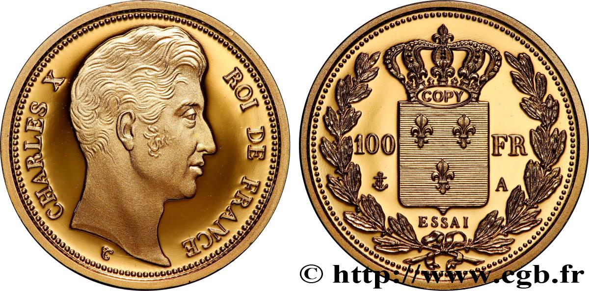 L OR DE LA FRANCE Médaille, Reproduction de monnaie, Essai de la 100 Francs or Charles X Proof set