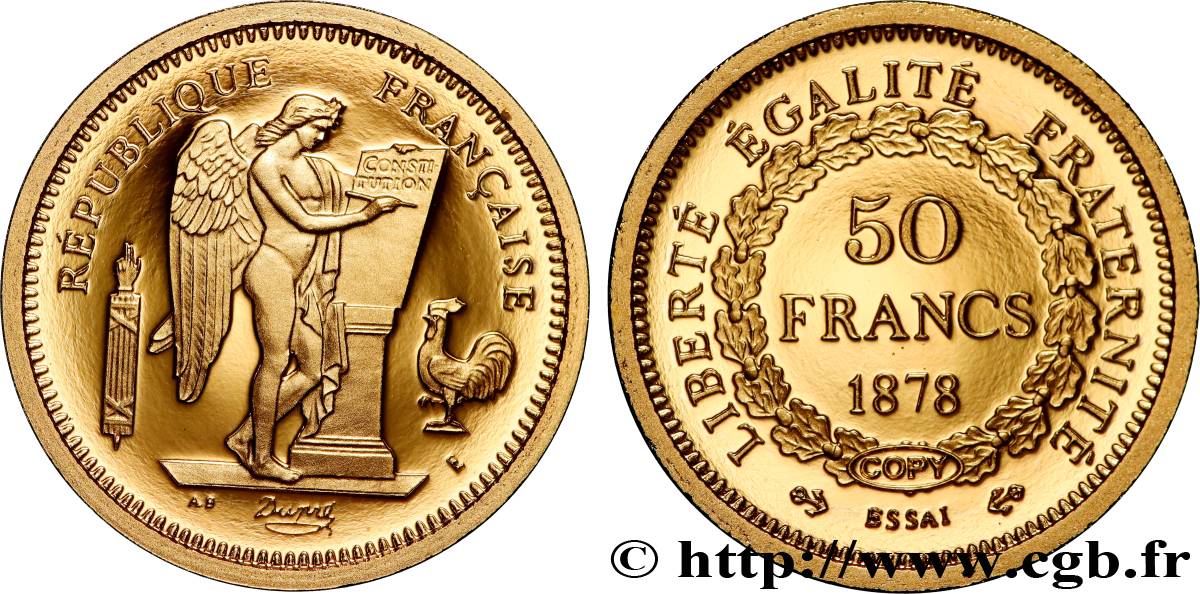 QUINTA REPUBLICA FRANCESA Médaille, Reproduction de l’essaie de la 50 Francs or Dupré Prueba