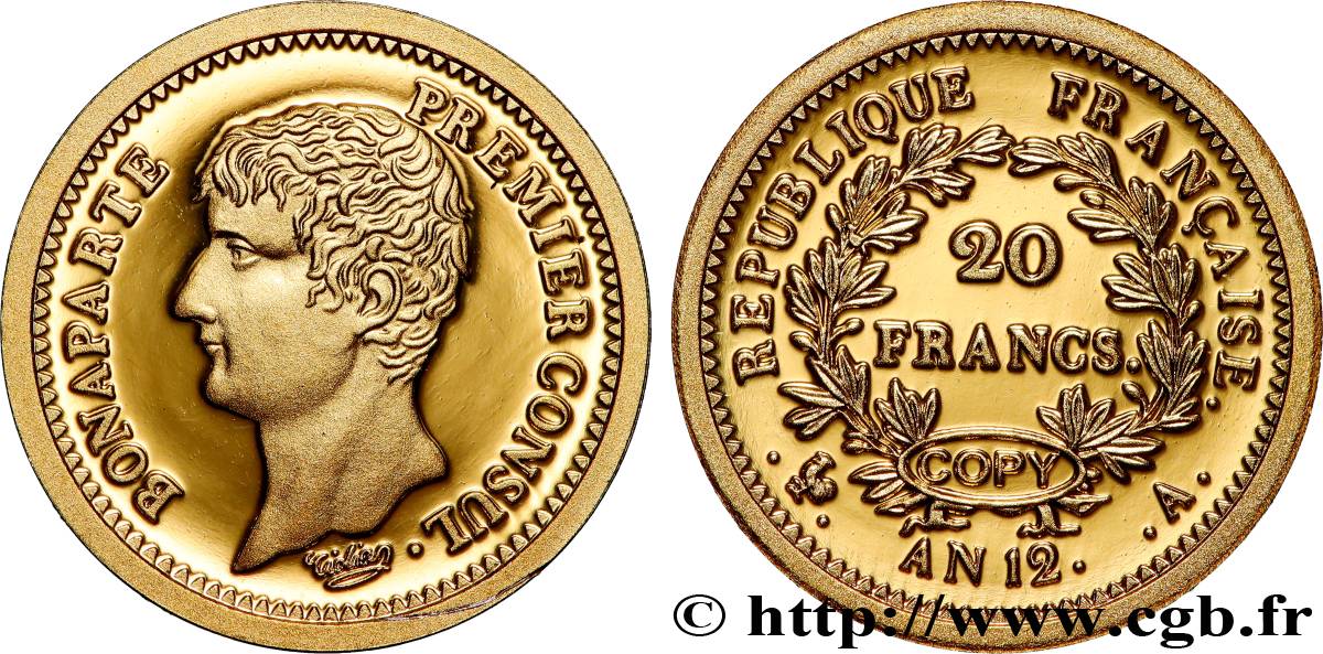 V REPUBLIC Médaille, Reproduction de monnaie, 20 Francs An 12 Premier Consul Proof set