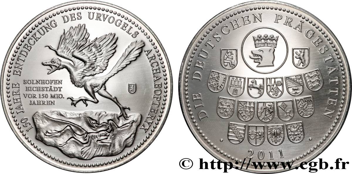 DEUTSCHLAND Médaille, 150 ans de la découverte de l’oiseau préhistorique Archæoptéryx Polierte Platte