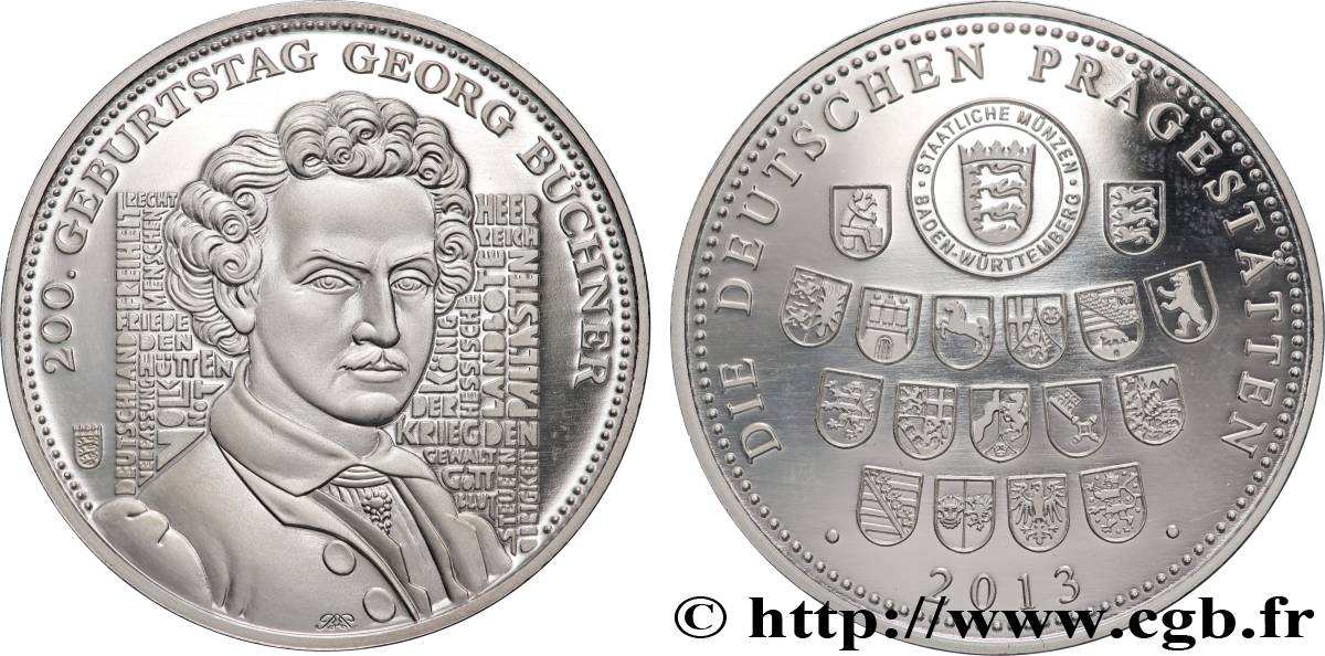 DEUTSCHLAND Médaille, 200e anniversaire de Georg Büchner Polierte Platte