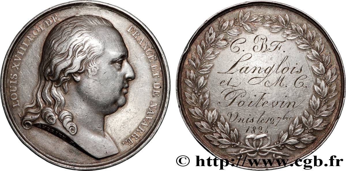 LOUIS XVIII Médaille, Mariage Langlois et Poitevin TTB