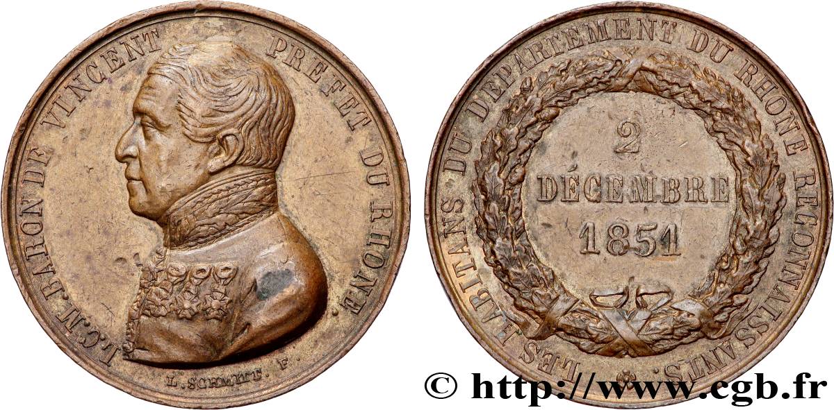 DEUXIÈME RÉPUBLIQUE Médaille, Baron de Vincent, préfet du Rhône TTB