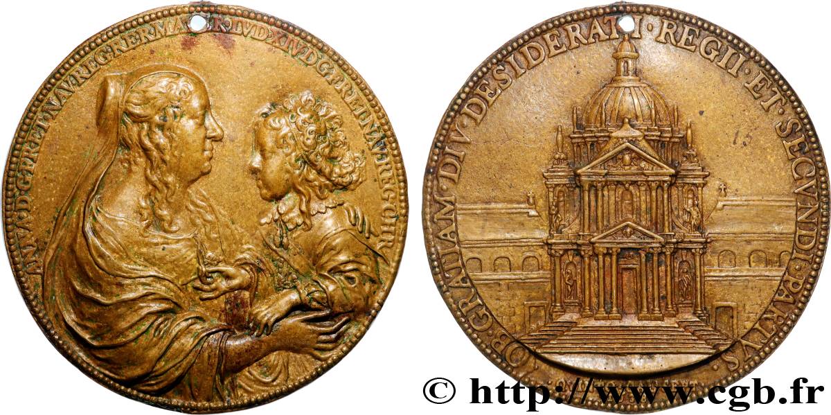 LOUIS XIV LE GRAND OU LE ROI SOLEIL Médaille, Anne d’Autriche et Louis XIV, Le Val-de-Grâce TTB+