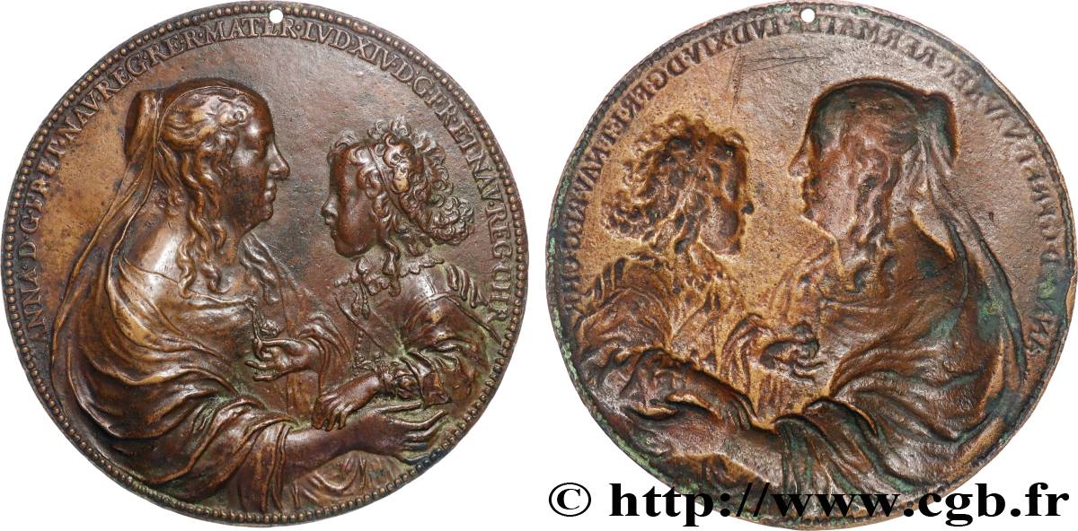 LOUIS XIV LE GRAND OU LE ROI SOLEIL Médaille, Anne d’Autriche et Louis XIV, Le Val-de-Grâce, tirage uniface de l’avers TTB+