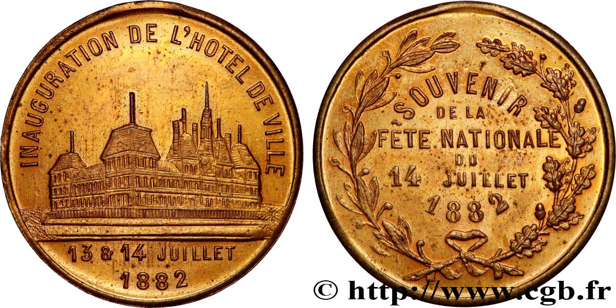 III REPUBLIC Médaille, Inauguration de l’hôtel de ville, Fête nationale AU/AU