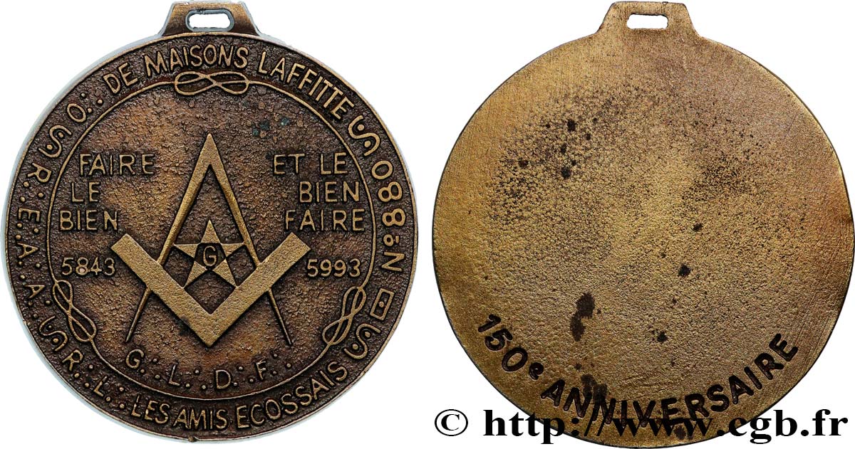 FUNFTE FRANZOSISCHE REPUBLIK Médaille, 150e anniversaire de la Loge Les amis écossais n°880, Orient de Maisons Laffitte fVZ