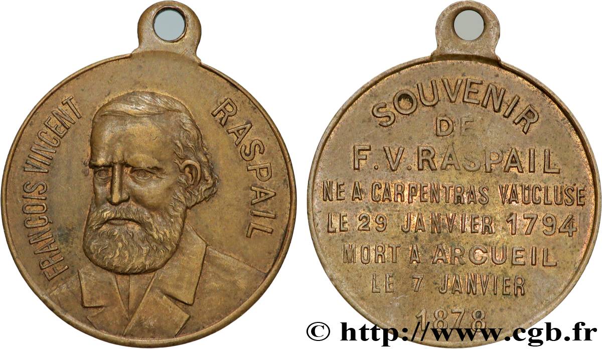 TROISIÈME RÉPUBLIQUE Médaille, Souvenir François Vincent Raspail TTB+/TTB