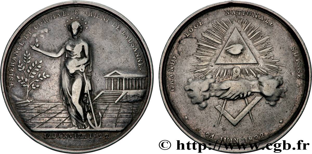 FRANC-MAÇONNERIE - PARIS Médaille, Orient de Lausanne, Grande Loge Nationale suisse, Loge Espérance et Cordialité BC+