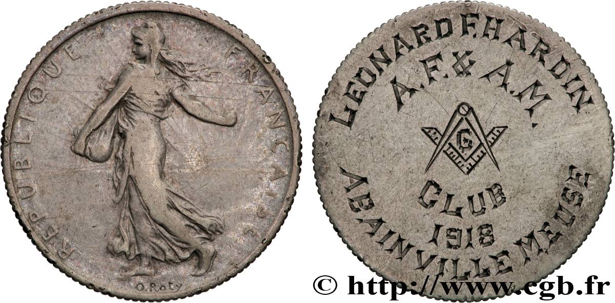 TROISIÈME RÉPUBLIQUE Médaille, Club d’Abainville Meuse, regravée sur une 2 Francs Semeuse TTB