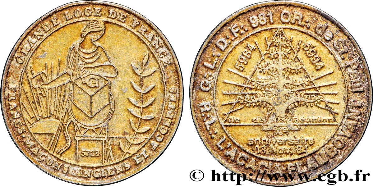 FRANC - MAÇONNERIE Médaille, Orient de Saint Paul, 10e anniversaire de la Loge l’Acacia flamboyant TTB
