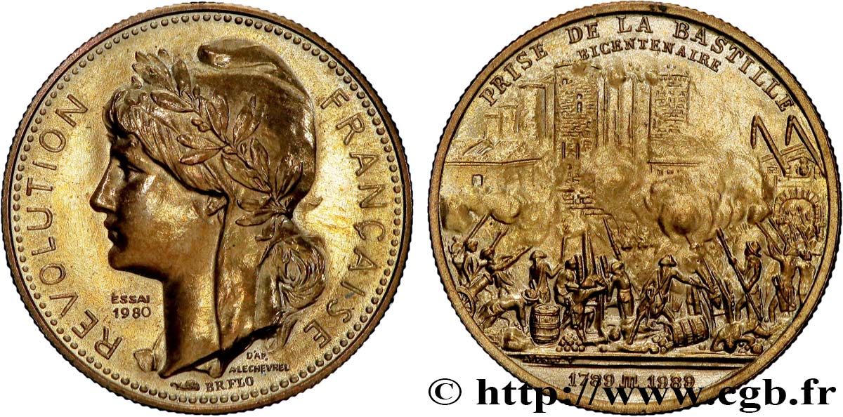 CINQUIÈME RÉPUBLIQUE Médaille, Bicentenaire de la Révolution Française, Prise de la Bastille SUP
