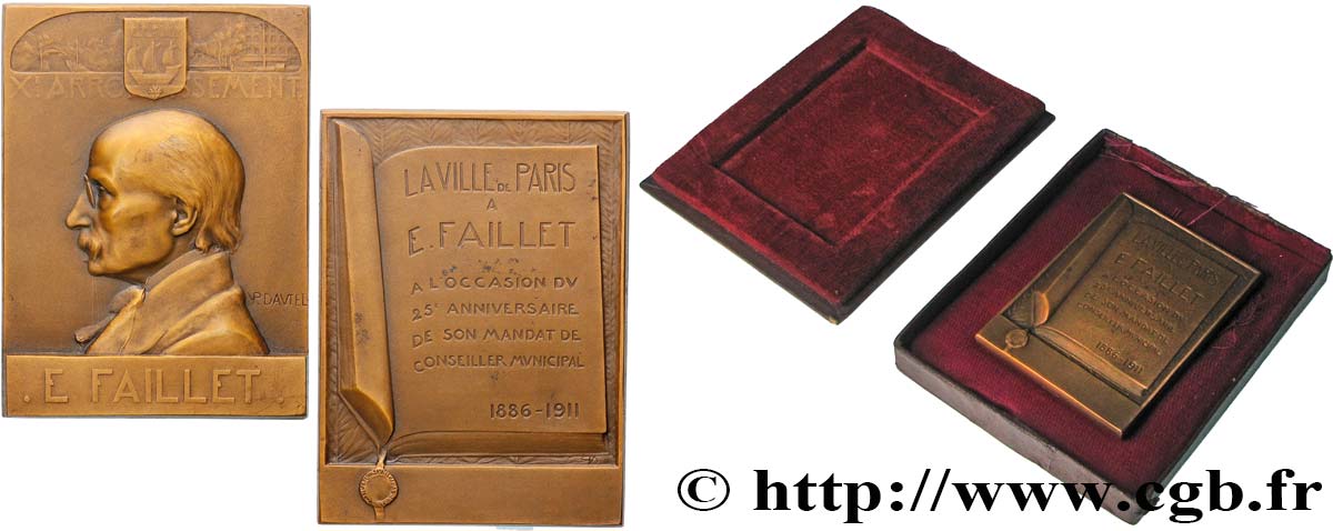 III REPUBLIC Plaquette, Eugène Faillet, 25e année de mandat de conseiller municipal de Paris AU