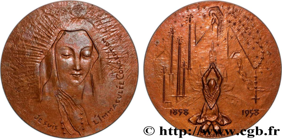 QUATRIÈME RÉPUBLIQUE Médaille, Vierge Marie, Centenaire des apparitions de Lourdes TTB+