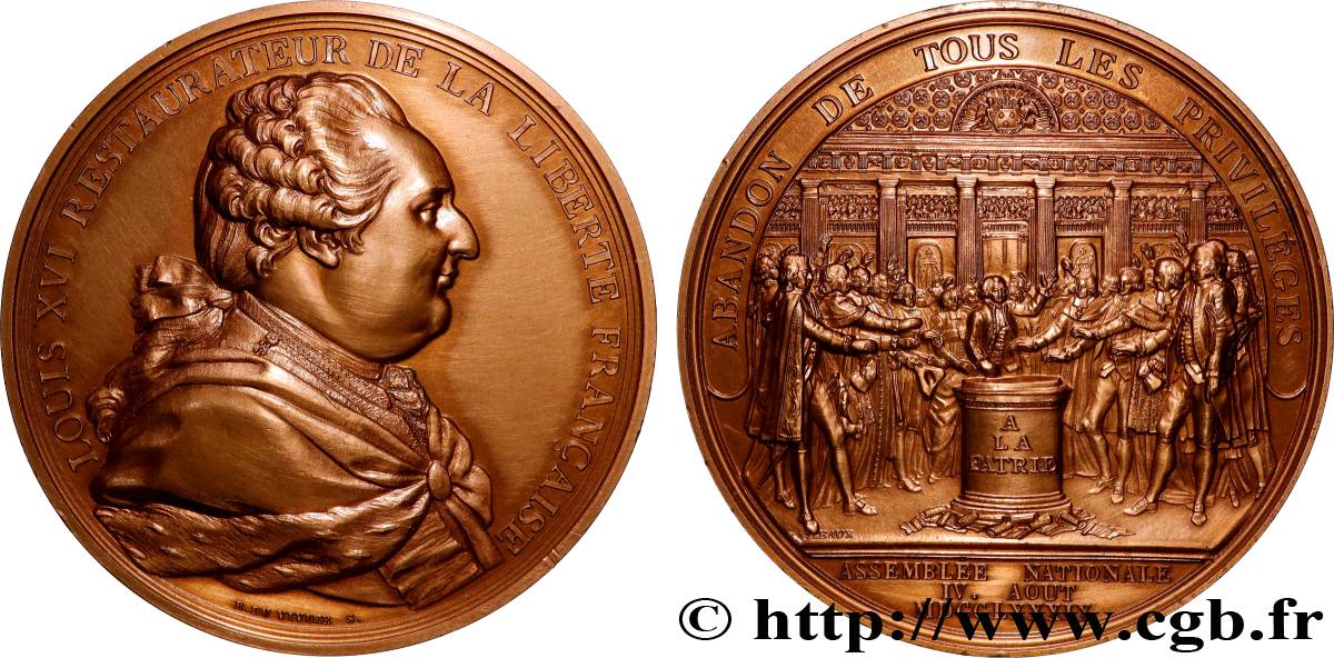 LOUIS XVI Médaille, Abandon de tous les privilèges, refrappe TTB+