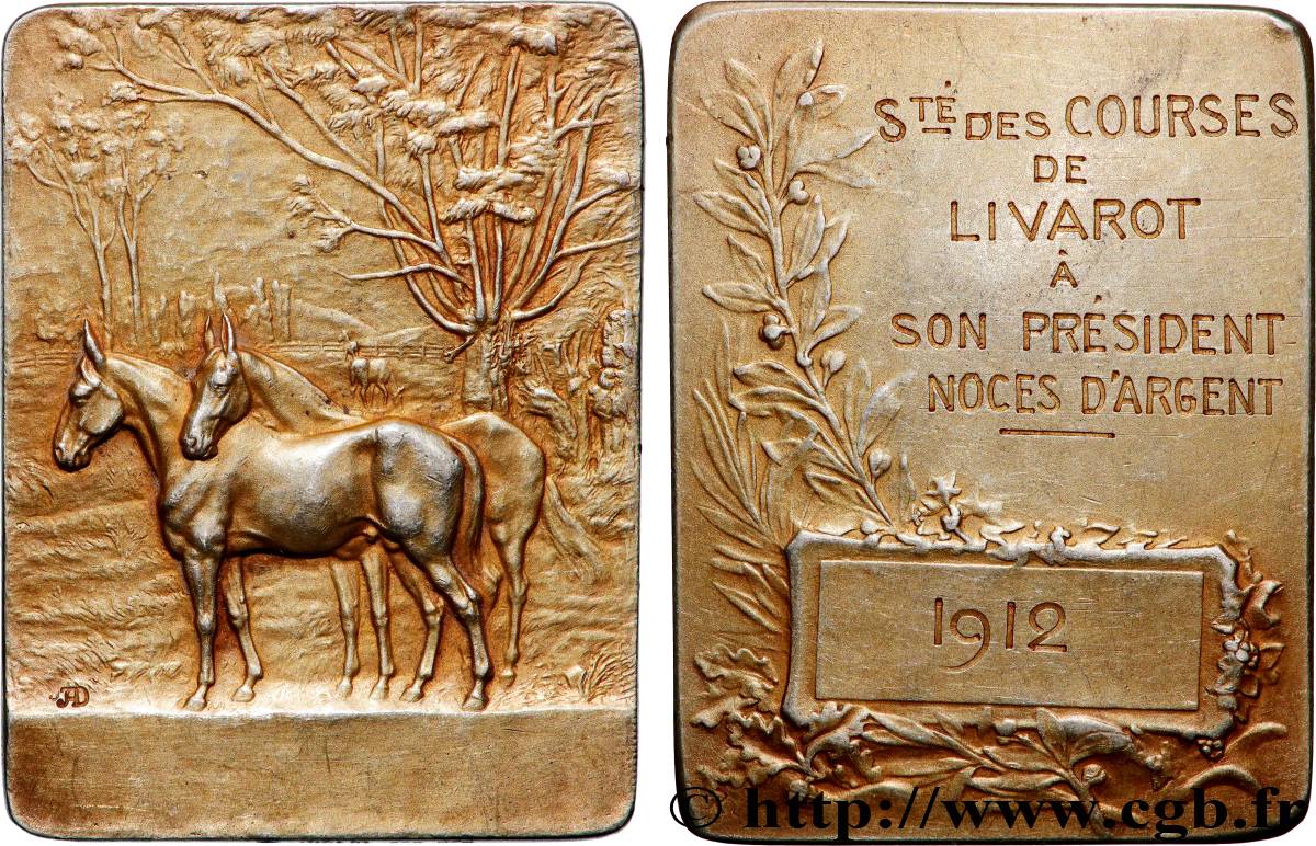 TROISIÈME RÉPUBLIQUE Plaquette, Société des courses de Livarot, Noces d’argent TTB+