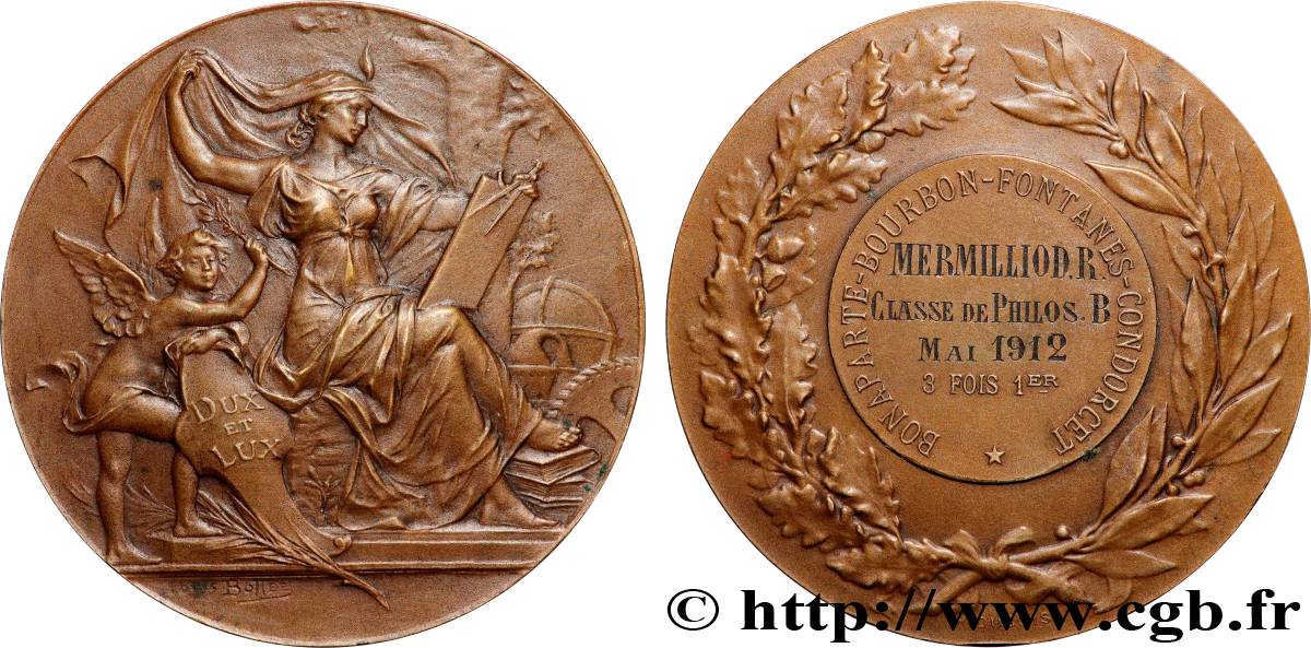 TROISIÈME RÉPUBLIQUE Médaille de récompense, Bonaparte-Bourbon-Fontanes-Condorcet TTB+